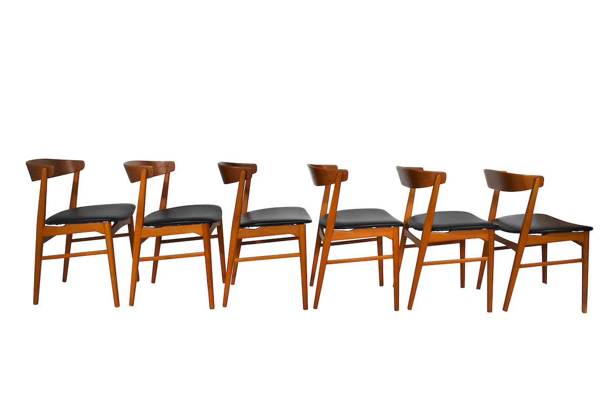 Teak chairs, black vinyl upholstery x 6