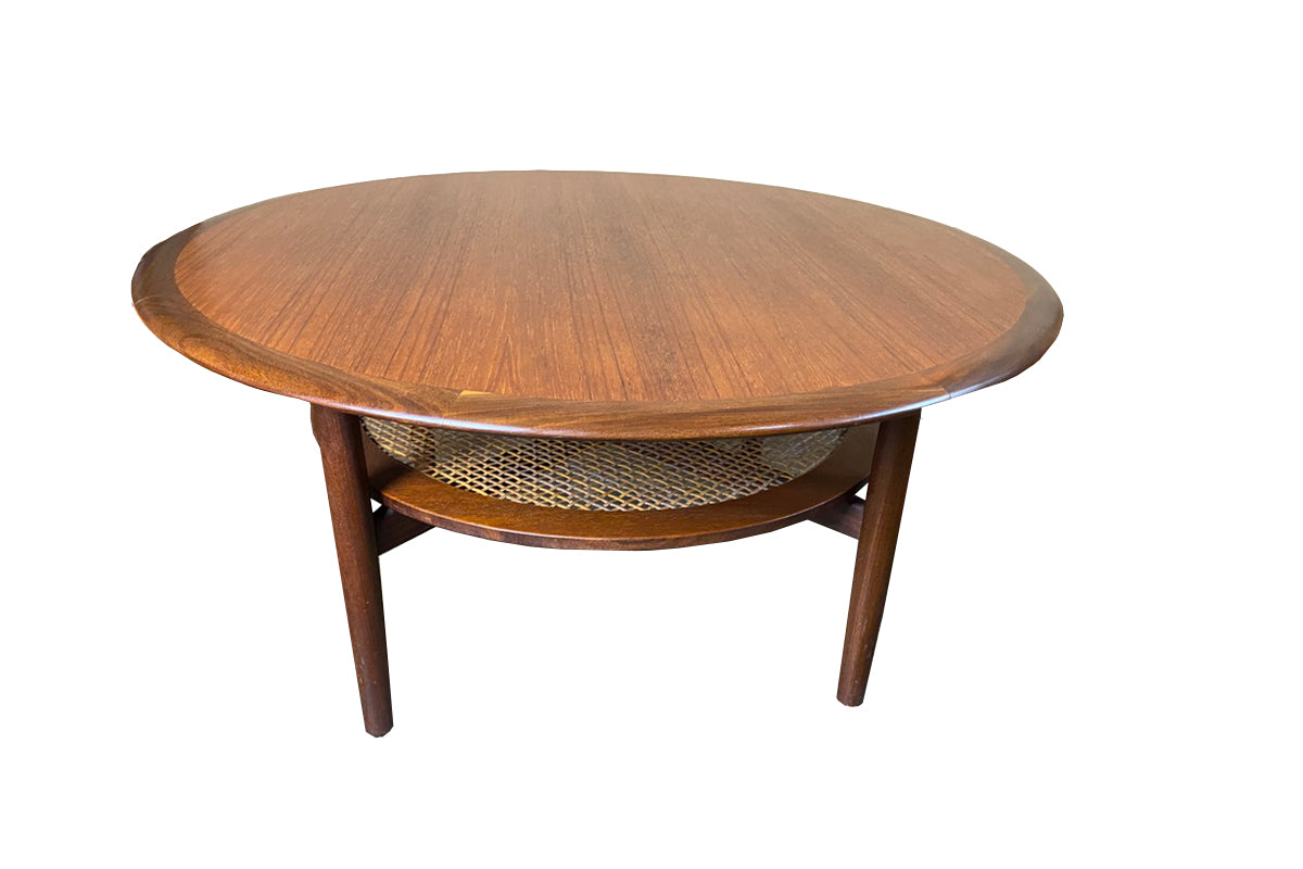 Round Danish Coffee table with Rattan Shelf